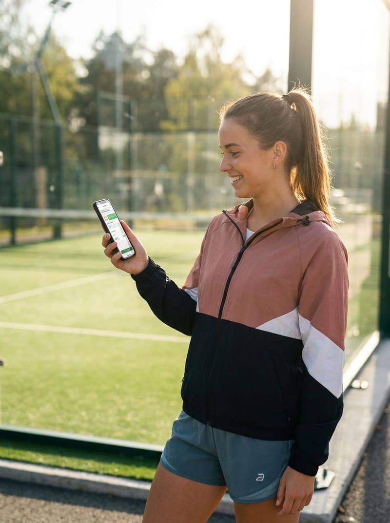 Spielerin bucht einen Tennisplatz auf dem Smartphone